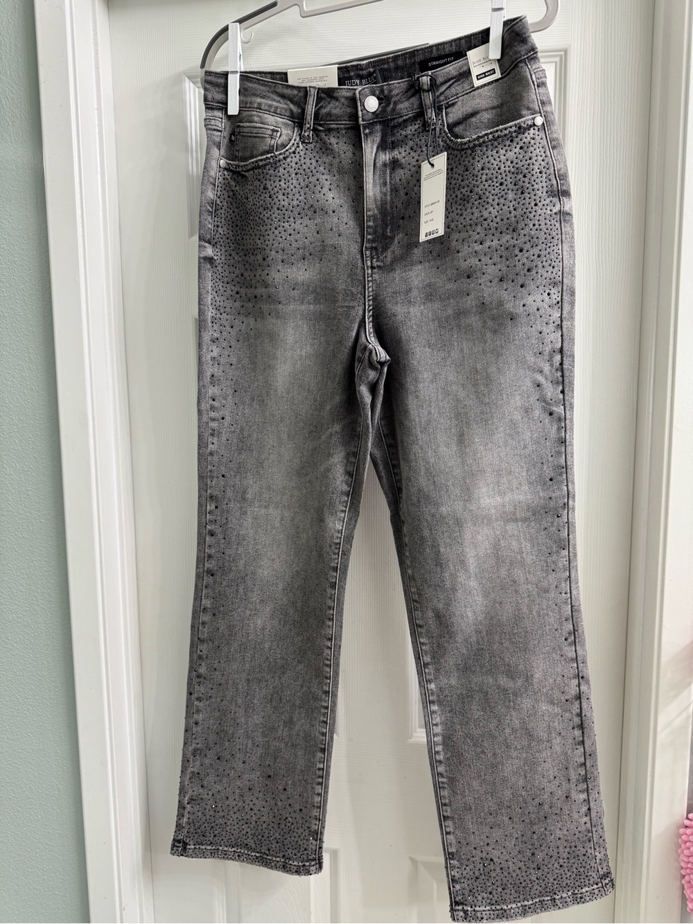 Judy Blue Gray Denim with Black Rhinestones! Size 15/32. BRAND NEW WITH TAGS!!